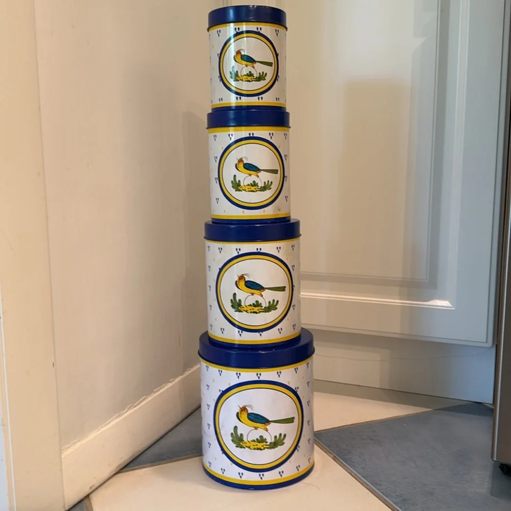 Vintage Rosenthal Netter Blue & Yellow Bird 4 Pc. Tin Canister Set